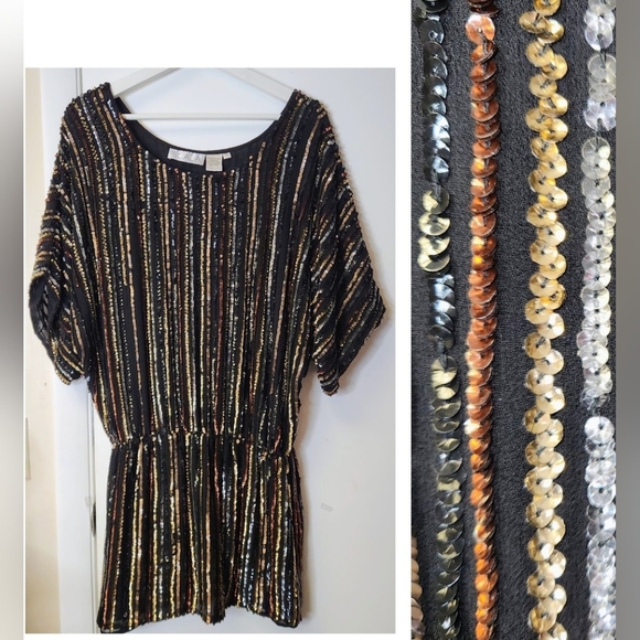 SCALA Vintage Black Metallic Gold Silver Copper Sequins Tunic Mini Dress Size 0 - Picture 1 of 15